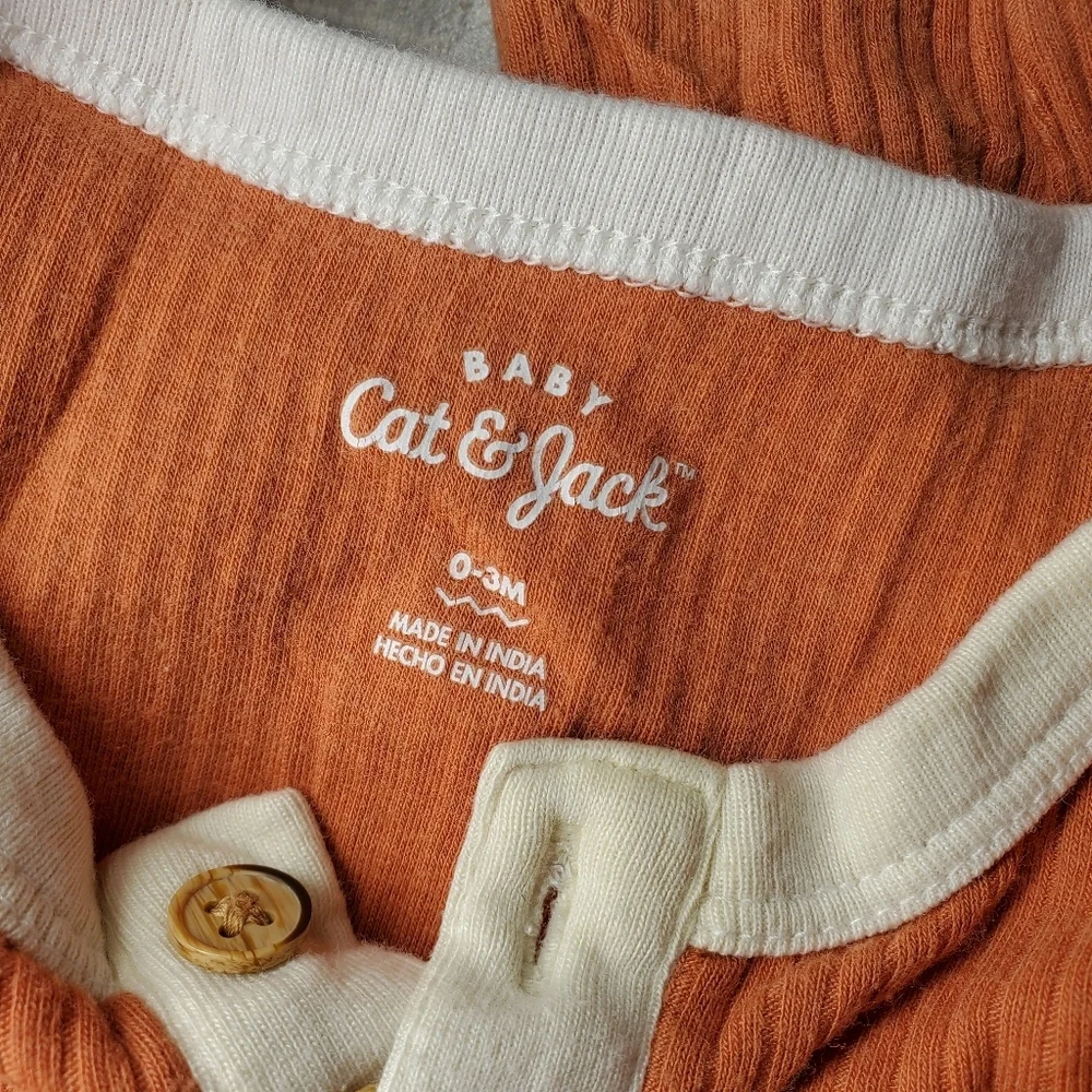 Cat & Jack Ribbed Henley Jumpsuit Romper Baby Boy Size 0-3M Orange & Cream